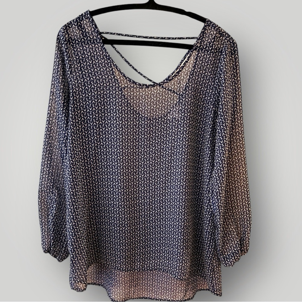 Charming Charlie Navy Blue and White Geometric Blouse